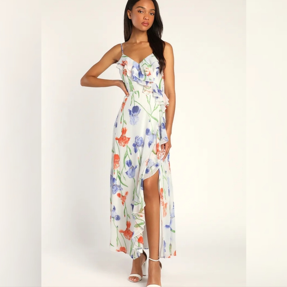 Elegant Bliss White Floral Print Ruffled Sleeveless Maxi Dress- Lulus $78